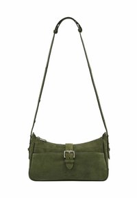 Olivgrüne Wildleder-Schultertasche mit einem vorderen Schnallenriemen, Reißverschlussverschluss und verstellbarem langem Tragegurt.