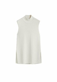 Haut sans manches à col montant en blanc, avec un tissu tricoté texturé et des fentes latérales pour un mouvement facile et une silhouette décontractée.