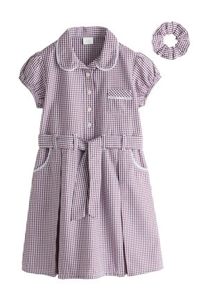 Dievčenské kockované šaty s krátkym rukávom, gombíkmi vpredu, opaskom v páse, detailom vrecka a zodpovedajúcim vlasovým doplnkom scrunchie v fialovej a bielej farbe.