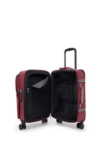 Two-wheeled maroon suitcase with a retractable handle, open to show a black interior with a zippered pocket and luggage straps.