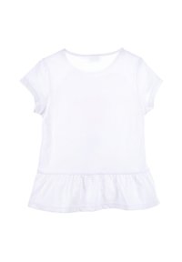 Witte katoenen t-shirt met korte mouwen en een uitlopende, geplooide zoom. Gladde textuur, klassieke ronde halslijn, geen zichtbare patronen of accenten.