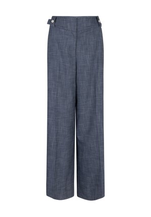 Blauwe-grijze broek met hoge taille en wijde pijpen, voorzien van een subtiel ruitpatroon en verstelbare knopen aan de zijkant van de tailleband.
