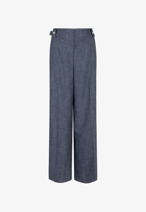 High-waisted, wide-leg blue-gray trousers with subtle plaid pattern and buttoned side adjusters at the waistband.