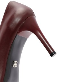 Scarpa col tacco alto color bordeaux con finish in pelle lucida, punta affusolata e sottile tacco a stiletto. Presenta un emblema argentato sul lato.