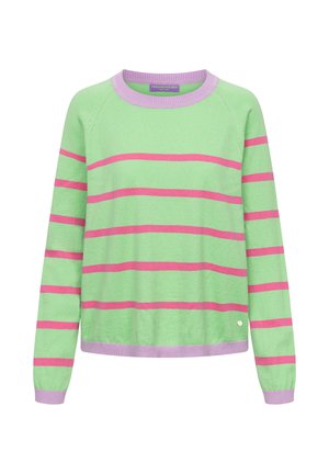 Jasnozielony sweter z długim rękawem w różowe poziome paski, z lawendowymi ściągaczami przy mankietach i kołnierzu oraz małą okrągłą srebrną zawieszką przy dolnym brzegu.