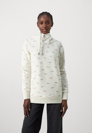Sweatshirt léger crème avec un col montant, motif de oiseaux roses, poignets et ourlet côtelés ; fabriqué en matériau doux et texturé.