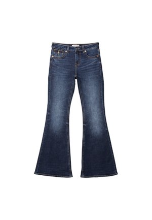 Blaue Schlagjeans mit dunkler Waschung, ausgestattet mit einem Bund, Vorder- und Gesäßtaschen sowie kontrastierenden Nähten entlang der Säume.