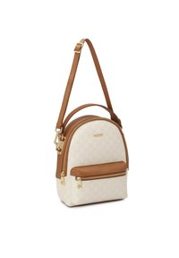 Baltas drobinis kuprinė su rudos odos pagrindu ir akcentais, auksinės spalvos detalėmis, apvalios formos ir priekinis kišenė su užtrauktuku.