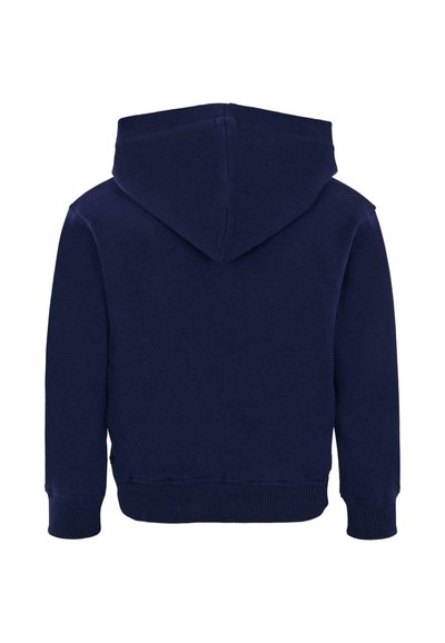 Felpa in cotone blu navy con ampio cappuccio, polsini e orlo a coste. Tessuto liscio e senza motivi visibili o dettagli in metallo.