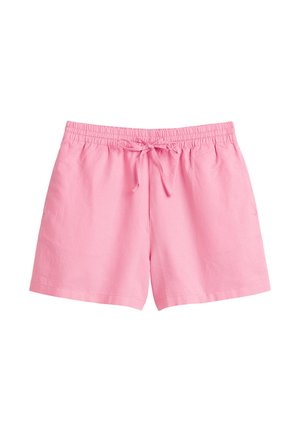 Pink casual shorts with elastic waistband and front drawstring, made of lightweight fabric.
