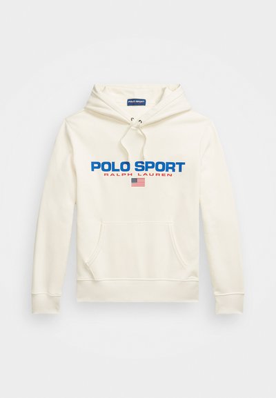 Krēmkrāsas kapuci, kas izgatavots no mīksta auduma, ar priekšējo kabatu, kapuci ar auklām un "POLO SPORT RALPH LAUREN" grafiku zilos un sarkanajos toņos.