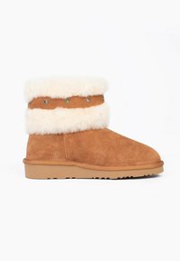 Braune Wildleder-Ankle Boots mit einem flauschigen cremefarbenen Innenfutter und einem Schaft. Mit einem dekorativen braunen Band und silbernen Hardware-Akzenten. Flacher Absatz.