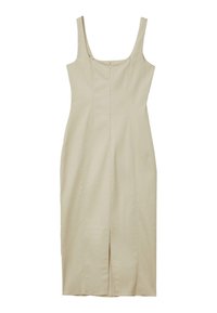 Beiges, figurbetontes Kleid mit quadratischem Ausschnitt, breiten Trägern, einem Reißverschluss vorne und einem schockenlangen Schlitz für Bewegungsfreiheit.