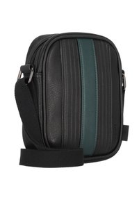 Borsa a tracolla nera in pelle con striscia teal, texture rigata, chiusura con zip e tracolla regolabile. Design compatto a forma di quadrato, adatta per un uso quotidiano.