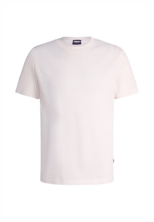 Weißes T-Shirt mit kurzen Ärmeln, dezentem strukturiertem vertikalem Streifenmuster und rundem Ausschnitt, mit Joop!-Label auf der Innenseite des Kragens.