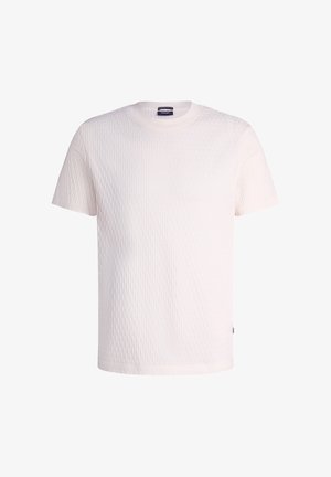 Witte T-shirt met korte mouwen, subtiel getextureerd verticaal streeppatroon en ronde hals, met Joop!-label aan de binnenkant van de kraag.