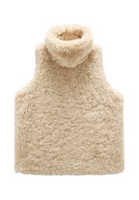 Beżowy sweter bez rękawów z wysokim kołnierzem, wykonany z miękkiego, puszystego materiału. Posiada prosty, oversize'owy krój.