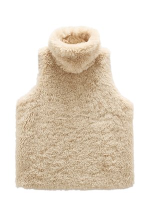 Beżowy sweter bez rękawów z wysokim kołnierzem, wykonany z miękkiego, puszystego materiału. Posiada prosty, oversize'owy krój.