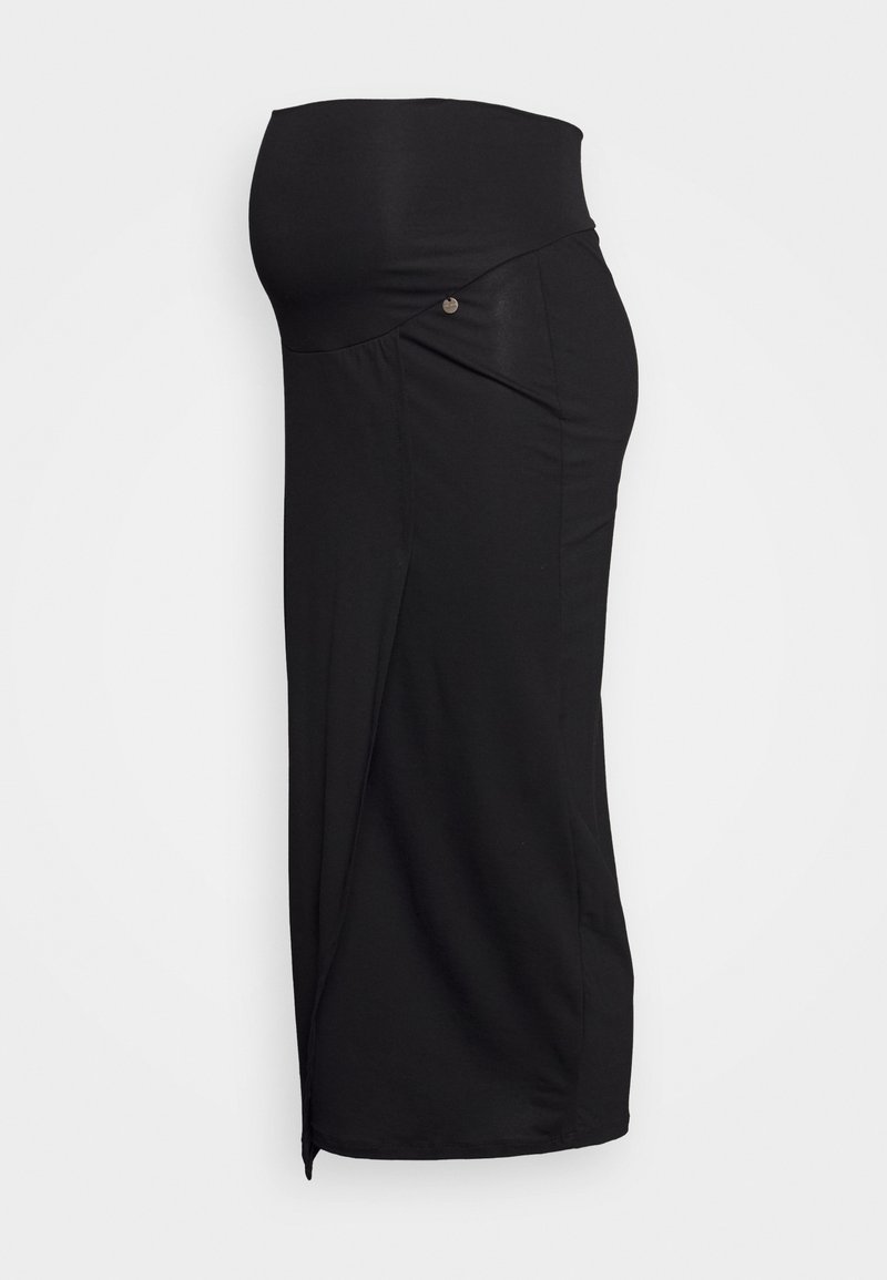 Saia de maternidade preta com cintura alta, drapeado lateral e detalhe de botão. Confeccionada em tecido suave e elástico para conforto.