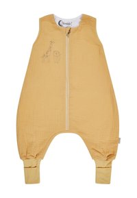 Gelber Musselin-Schlafsack mit einem Reißverschluss vorne, versehen mit Designs von Giraffen und Löwen. Weiches Material, abgeschrägter Boden und gepolsterte Ärmel.