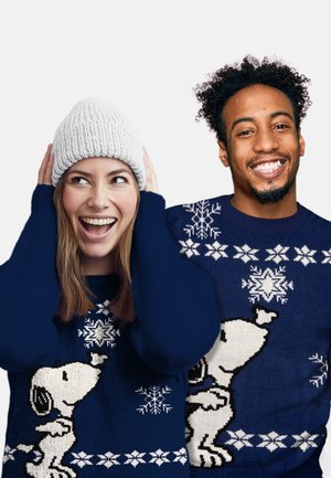 Knitted navy sweaters featuring snowflake patterns and a Snoopy design. Woman wears a gray beanie; textured fabric, relaxed fit.