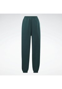 Mörkgröna mjukisbyxor i mjukt material, med elastisk midja och åtsittande muddar vid anklarna. Enkel design utan mönster.