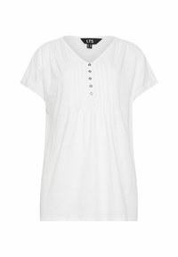 T-shirt bianco a maniche corte con scollo a V, dotato di pieghe e sei bottoni frontali. Realizzato in un tessuto liscio e leggero.