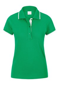 Groene polo met een witte kraag en accenten. Beschikt over een drieknoopsluiting en korte mouwen. Gemaakt van ademend materiaal.