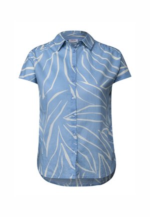 Light blue short-sleeve shirt in cotton with white leaf pattern, equipped with a buttoned front and a curved hem.
