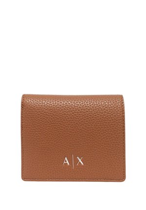 Portafoglio in pelle marrone con texture, design pieghevole, caratterizzato da un logo argento "A|X" sulla parte anteriore. Forma compatta e rettangolare.