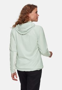 Felpa a maniche lunghe verde chiaro con una vestibilità rilassata, dotata di cappuccio con cordino e texture morbida. Logo visibile sulla parte superiore della schiena.