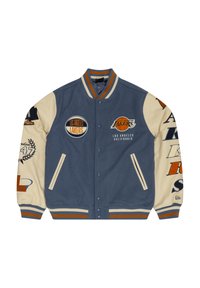 Blue and cream varsity jacket with embroidered logos, snap buttons, ribbed collar and cuffs, and side pockets. Features various printed graphics.