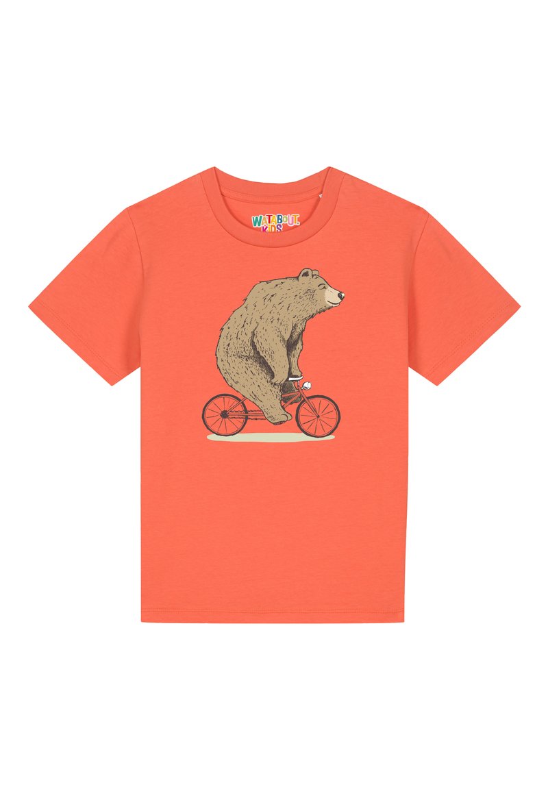 Koralle kurzärmliges T-Shirt mit einem Bären, der auf einem roten Fahrrad fährt, mit detaillierter Illustration und weichem Material.