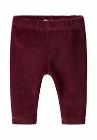 Bordeaux peuterleggings van zachte, textuurstof met een elastische tailleband en afgewerkte manchetten. Geen zichtbare patronen of hardware.