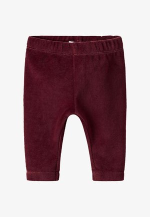 Burgundowe legginsy dla małych dzieci wykonane z miękkiej, teksturowanej tkaniny z elastycznym pasem i wykończonymi mankietami. Brak widocznych wzorów lub elementów metalowych.