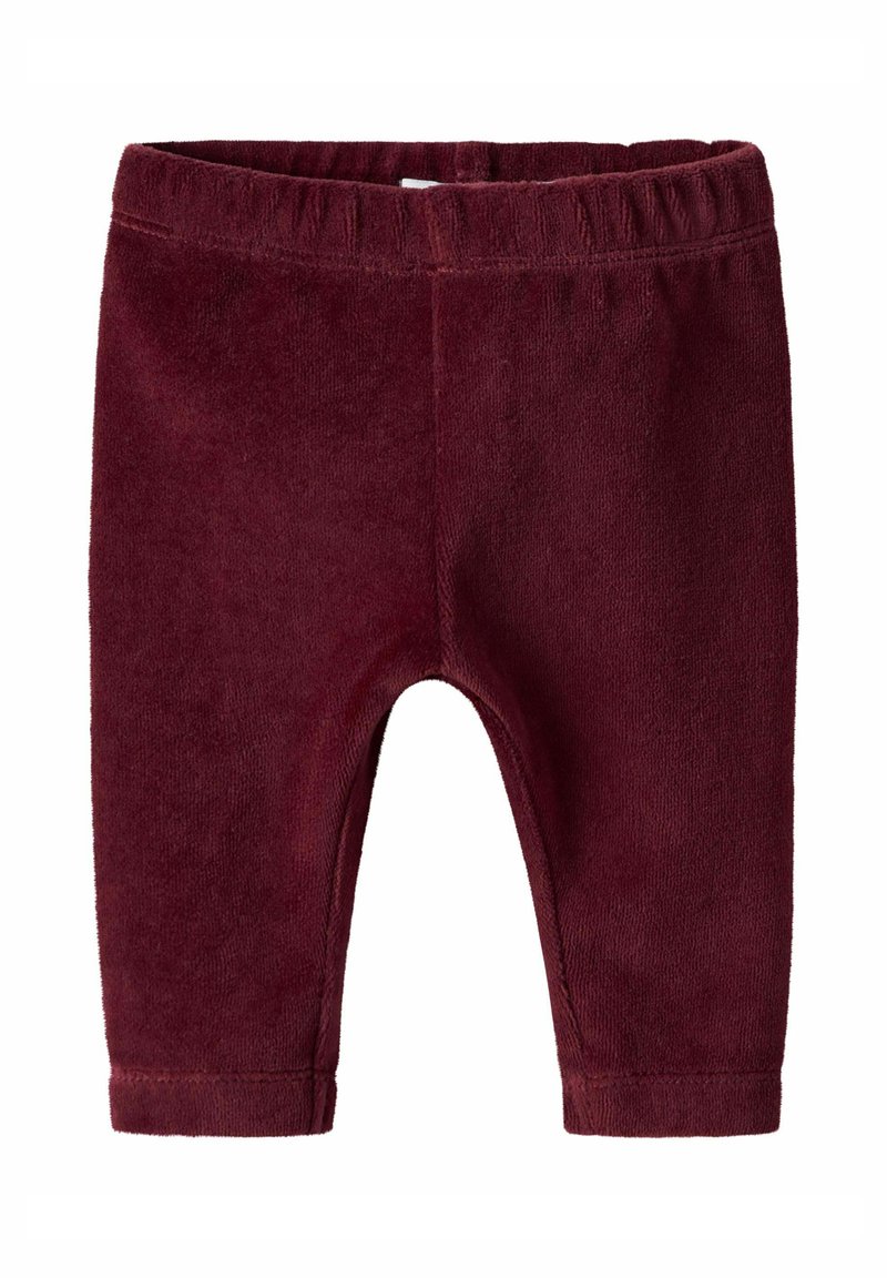 Bordeaux peuterleggings van zachte, textuurstof met een elastische tailleband en afgewerkte manchetten. Geen zichtbare patronen of hardware.