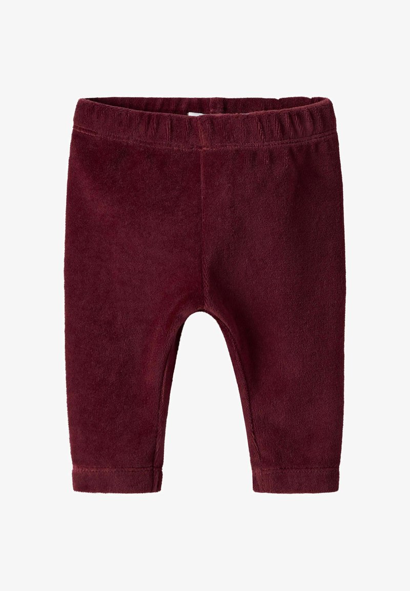 Bordeaux peuterleggings van zachte, textuurstof met een elastische tailleband en afgewerkte manchetten. Geen zichtbare patronen of hardware.