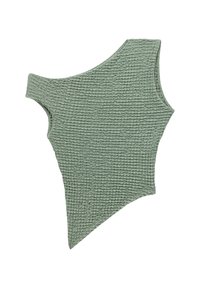 Top verde texturizado con diseño de un solo hombro y dobladillo diagonal. Confeccionado en una tela suave con un patrón acanalado para mayor detalle.