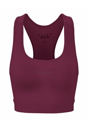 Maroon sports bra made of stretchy fabric featuring a racerback design, flat seams, and a subtle logo on the front. Size S indicated.