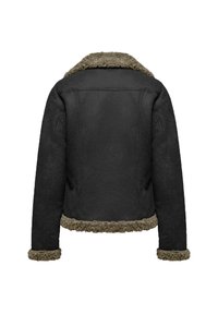 Giacca in shearling nera con bordi in pelliccia sintetica marrone su colletto, polsini e orlo, mostrata da dietro.