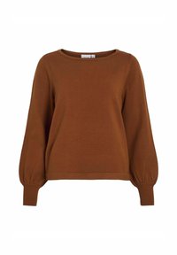 Pull en tricot brun avec un col rond, des manches longues avec des poignets froncés et une coupe décontractée. Texture douce et couleur unie.