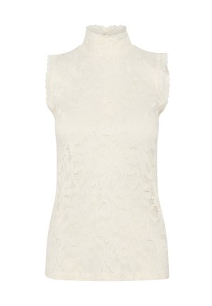 Hvid lace ærmeløs top med høj krave, der har en bølget kant og blomstermønster. Glat tekstur med en tætsiddende silhuet.