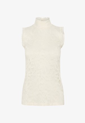 Hvid lace ærmeløs top med høj krave, der har en bølget kant og blomstermønster. Glat tekstur med en tætsiddende silhuet.