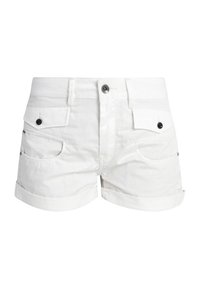 Vita denimshorts med uppkavlade vikt, med två framfickor och svarta knappar som accent. Ren design med slät textur.