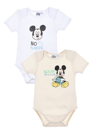 Two baby onesies; one white with a black Mickey Mouse and "NO PLASTIC" text, the other beige with Mickey holding the Earth and "NATURE MY FUTURE."