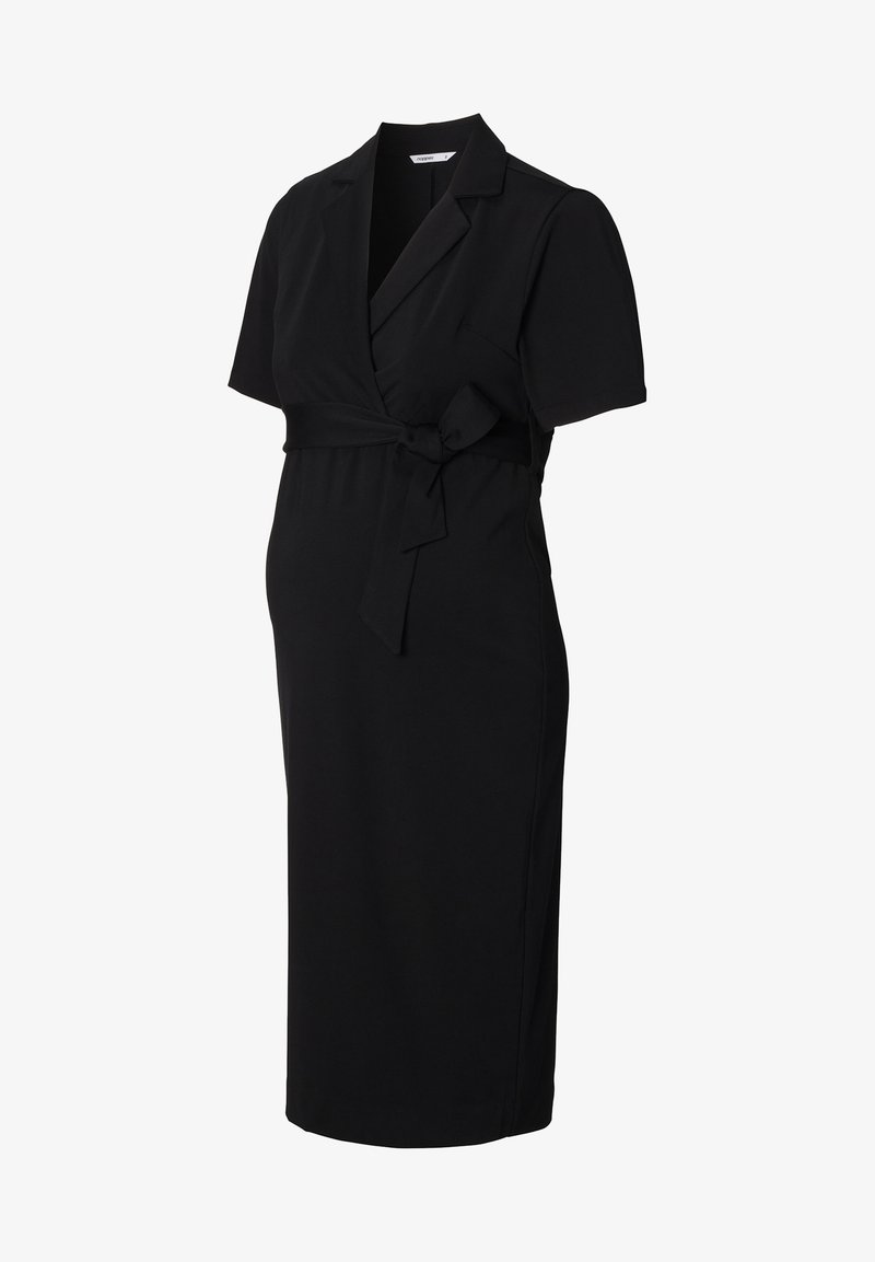Schwarzes Umstandskleid mit kurzen Ärmeln, Wickeldesign und gebundenem Taillenband. Hergestellt aus weichem Stoff, bietet es einen knielangen Schnitt und eine subtile Textur.
