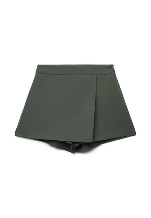 Skort taille haute vert foncé avec une fermeture éclair sur le côté et un panneau avant superposé, posé à plat sur un fond blanc.