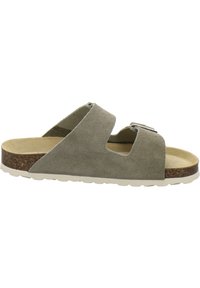 Gray suede slide sandals with two wide straps, cushioned footbed, and a textured brown cork midsole, featuring a white rubber sole.