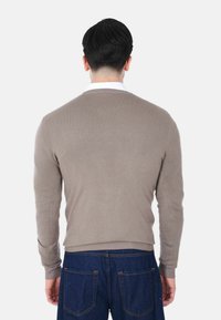 Uomo che indossa un maglione taupe a maniche lunghe e jeans blu scuro, visto da dietro su uno sfondo bianco semplice.