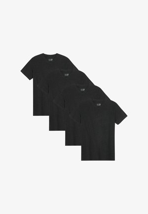 Paquete de cuatro camisetas de color gris oscuro, de manga corta y con escote en forma de V, fabricadas en suave algodón, que presentan un diseño sencillo y una textura lisa.